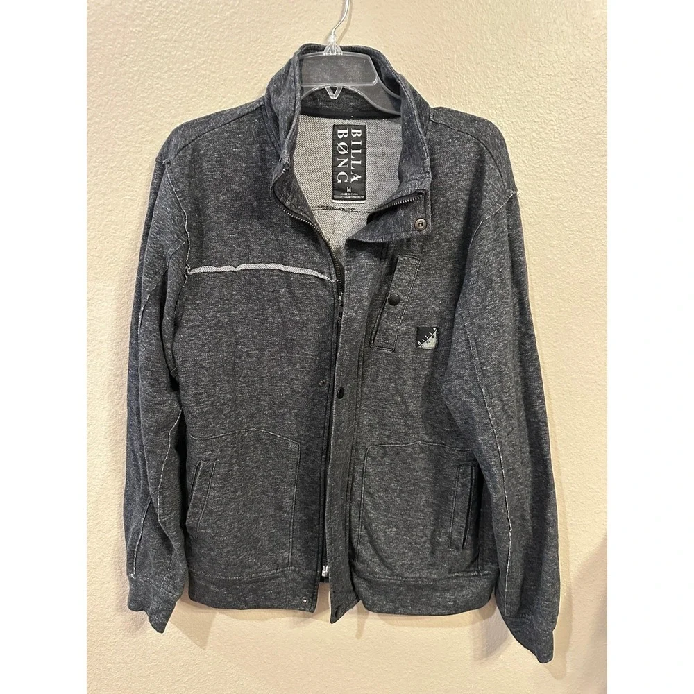 Y2K Billabong Mens Full Zip Jacket Gray Button Detail Cotton Blend Medium